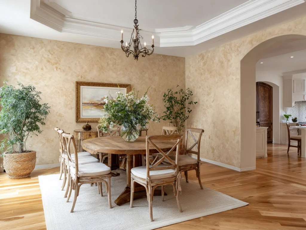 Dining Room Decor: The Harmony of Venetian Plaster and flower arrangement