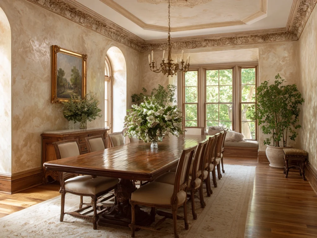 Dining Room Decor: The Harmony of Venetian Plaster and flower arrangement