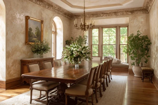 Dining Room Decor: The Harmony of Venetian Plaster and flower arrangement