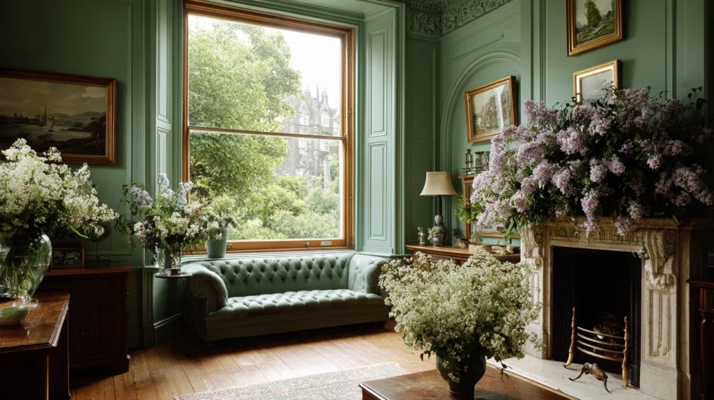 Green Interiors with Venetian Plaster Decor and Flower Arrangements