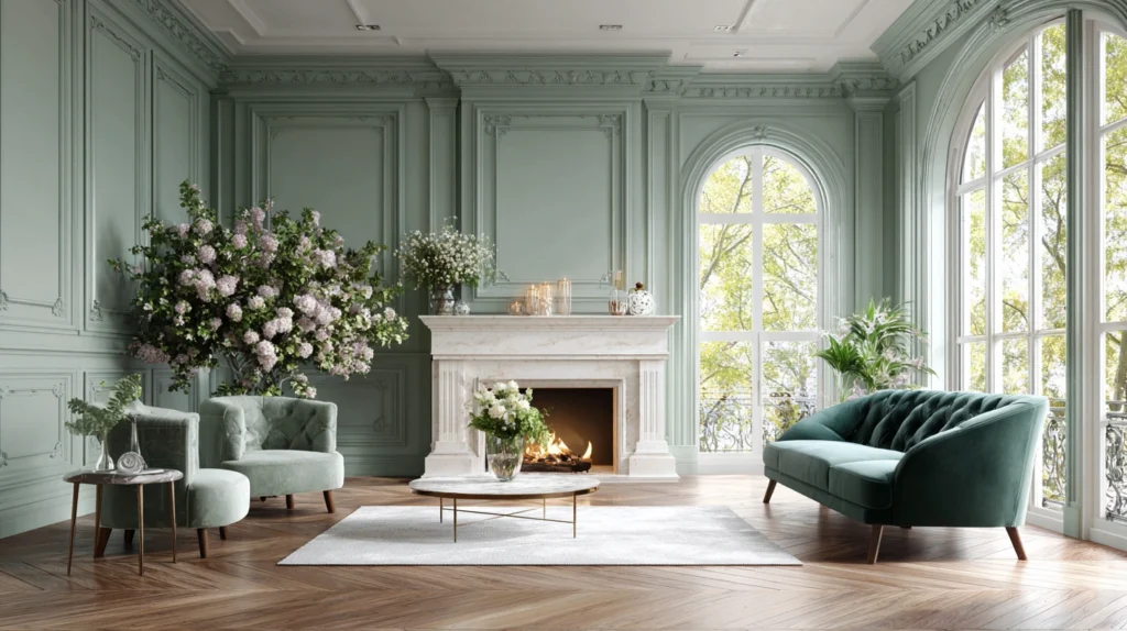 Green Interiors with Venetian Plaster Decor and Flower Arrangements