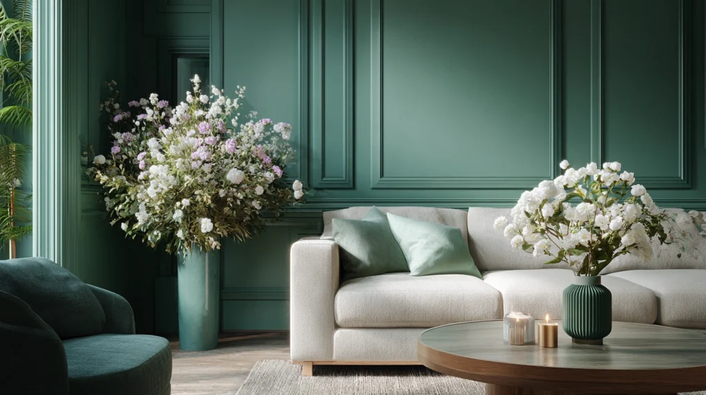Green Interiors with Venetian Plaster Decor and Flower Arrangements