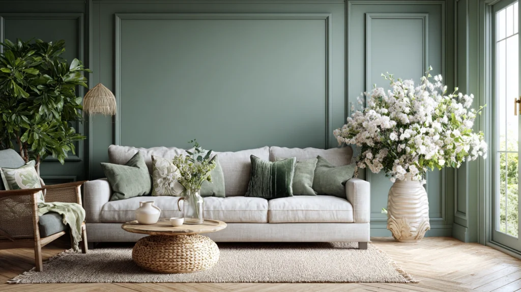 Green Interiors with Venetian Plaster Decor and Flower Arrangements
