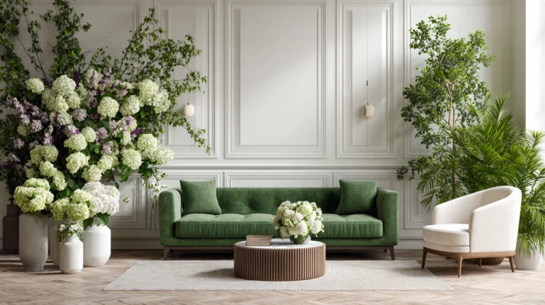 Green Interiors with Venetian Plaster Decor and Flower Arrangements
